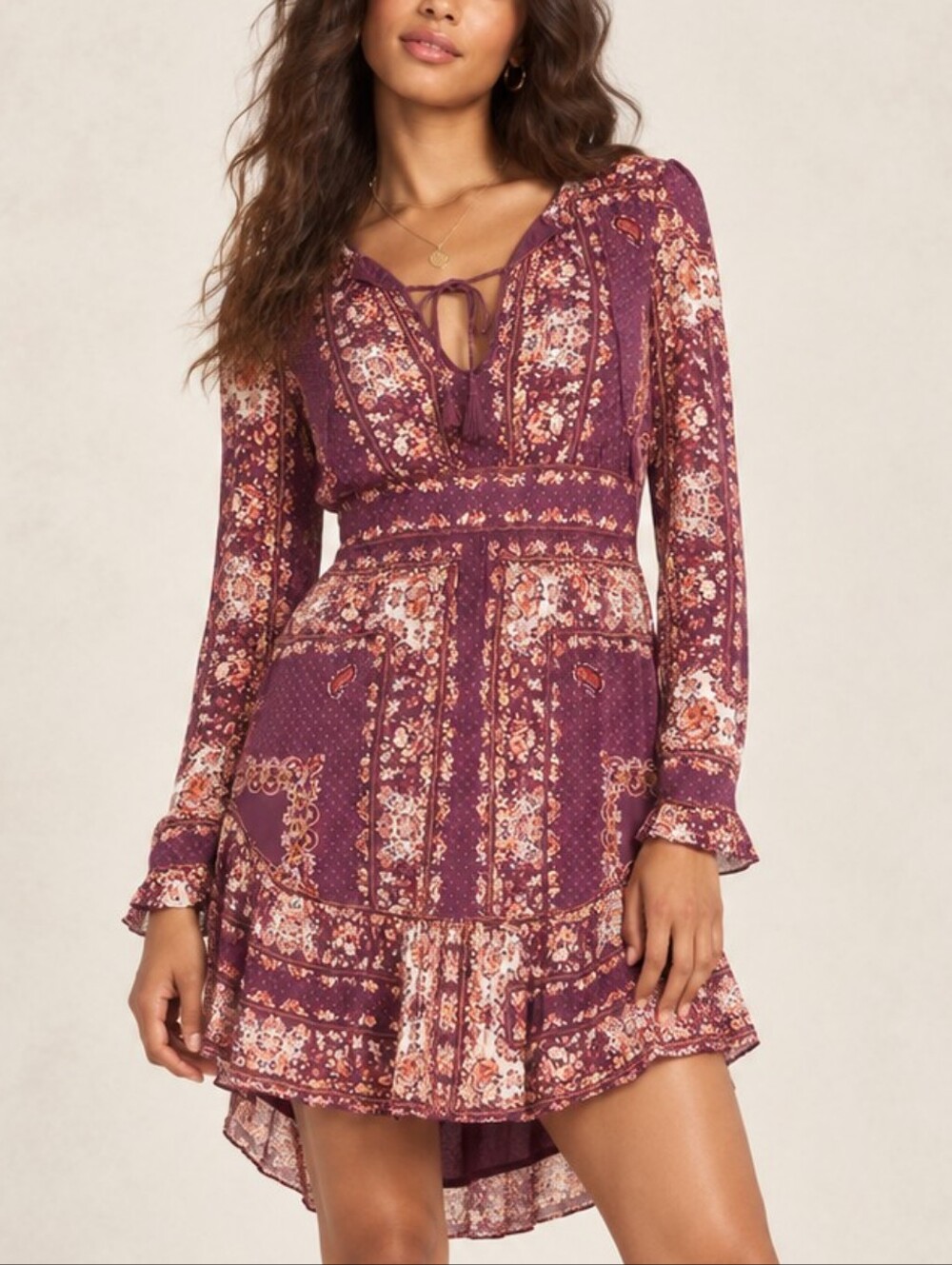 Free People Bridgette Berry Combo Boho Paisley Mini Dress SP Long sleeve